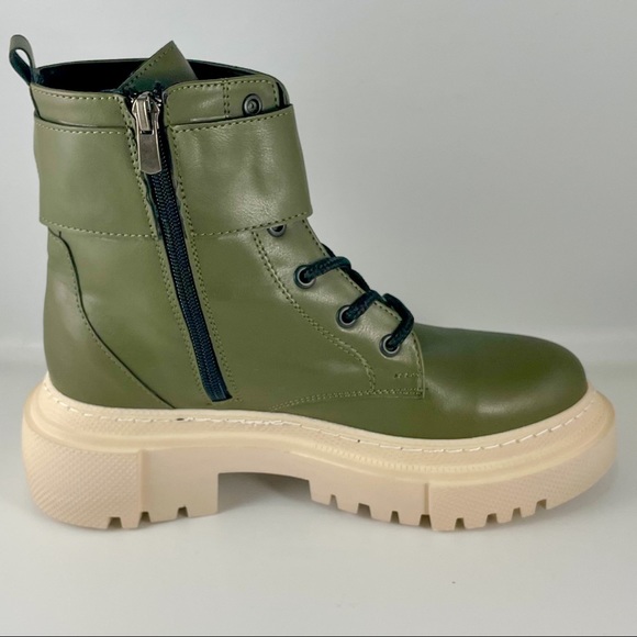 Womens Holler Combat Boots Olive Green Beige Round Toe Side Zip Buckle New,5 to9 - Picture 4 of 7
